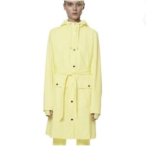 Rains Curve W Jacket Raincoat Medium Straw Yellow Hooded‎ Belted Waterproof NWT